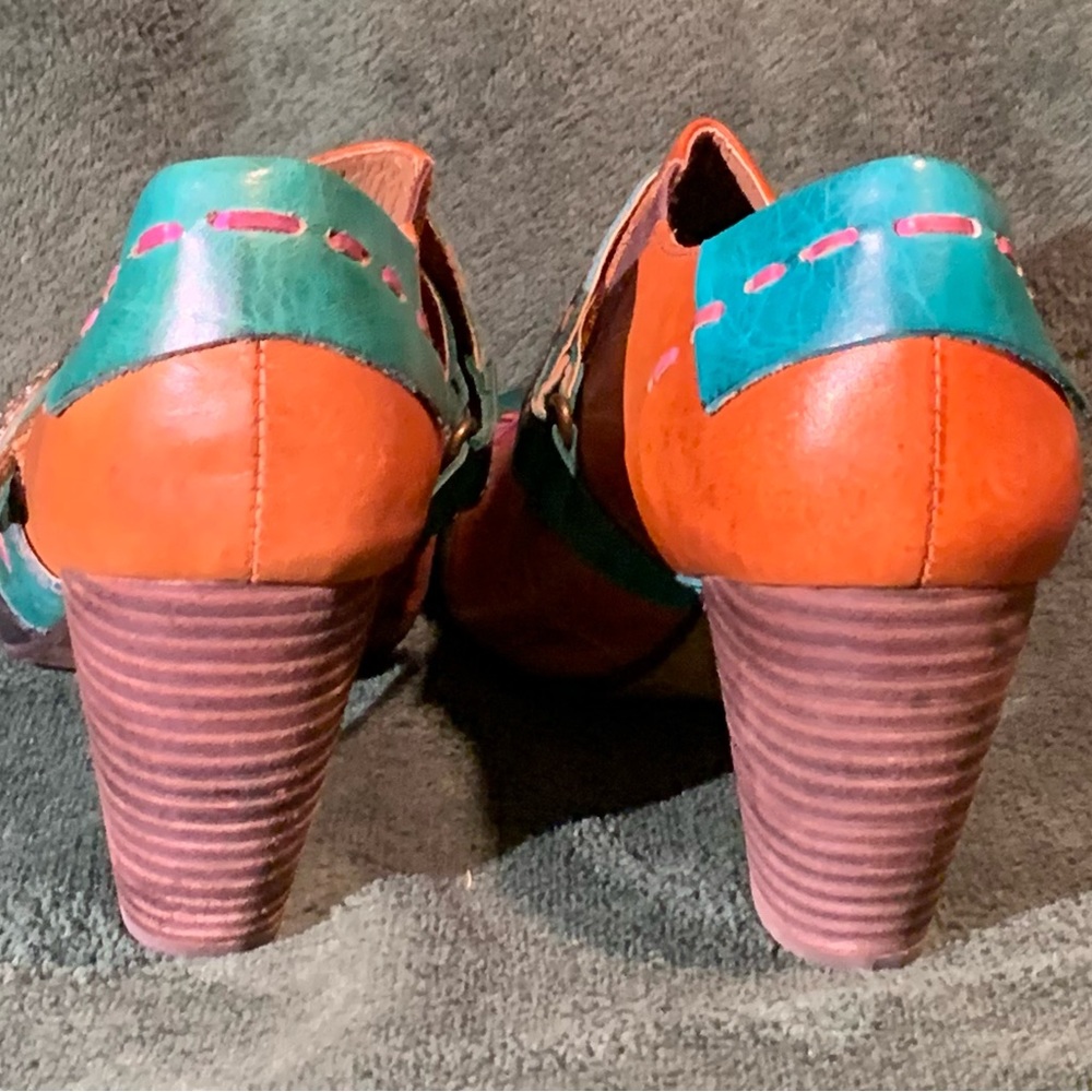 Elite by Corky Sz 10 NWOT multicolored leather 3 inch stacked wood heel - Picture 5 of 8